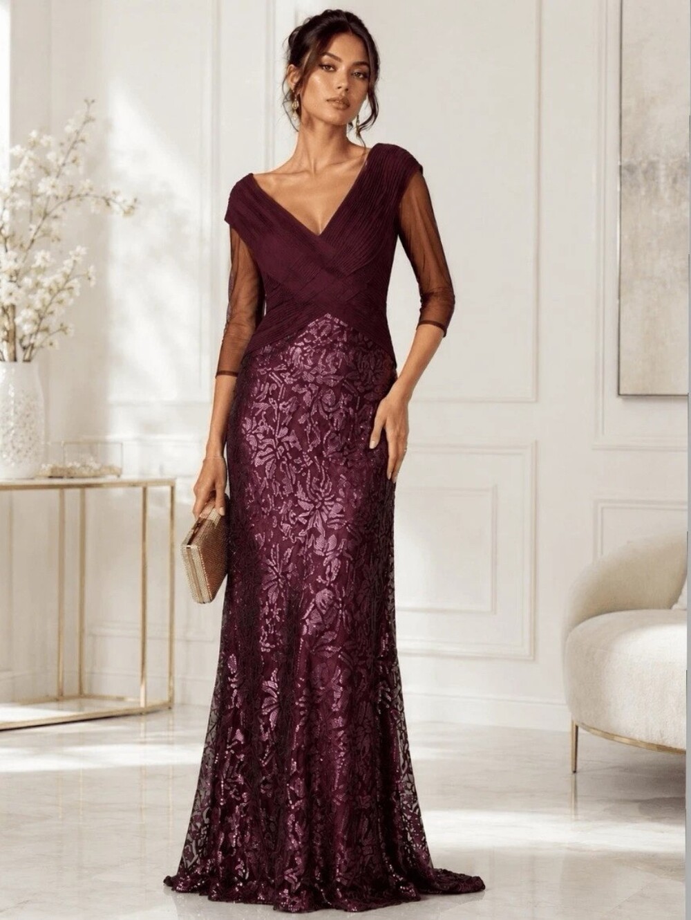 Tadashi Shoji Maxi Dress Gown Sequins Lace Burgundy Zip Size 10 Raw Hem Lined